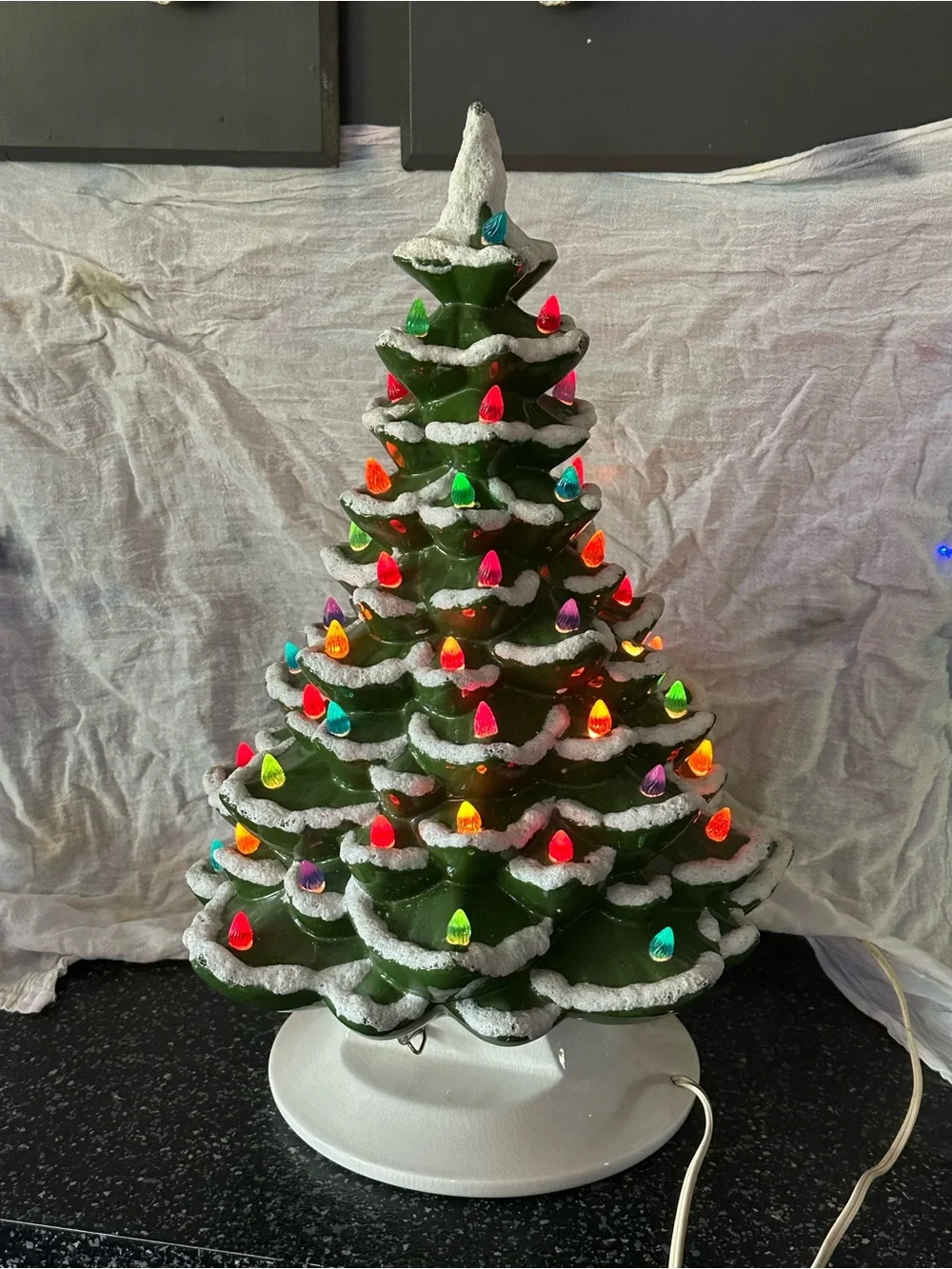 Vintage 1970’s Ceramic Green Snow-Tipped Holiday Tree with Multicolor Lights